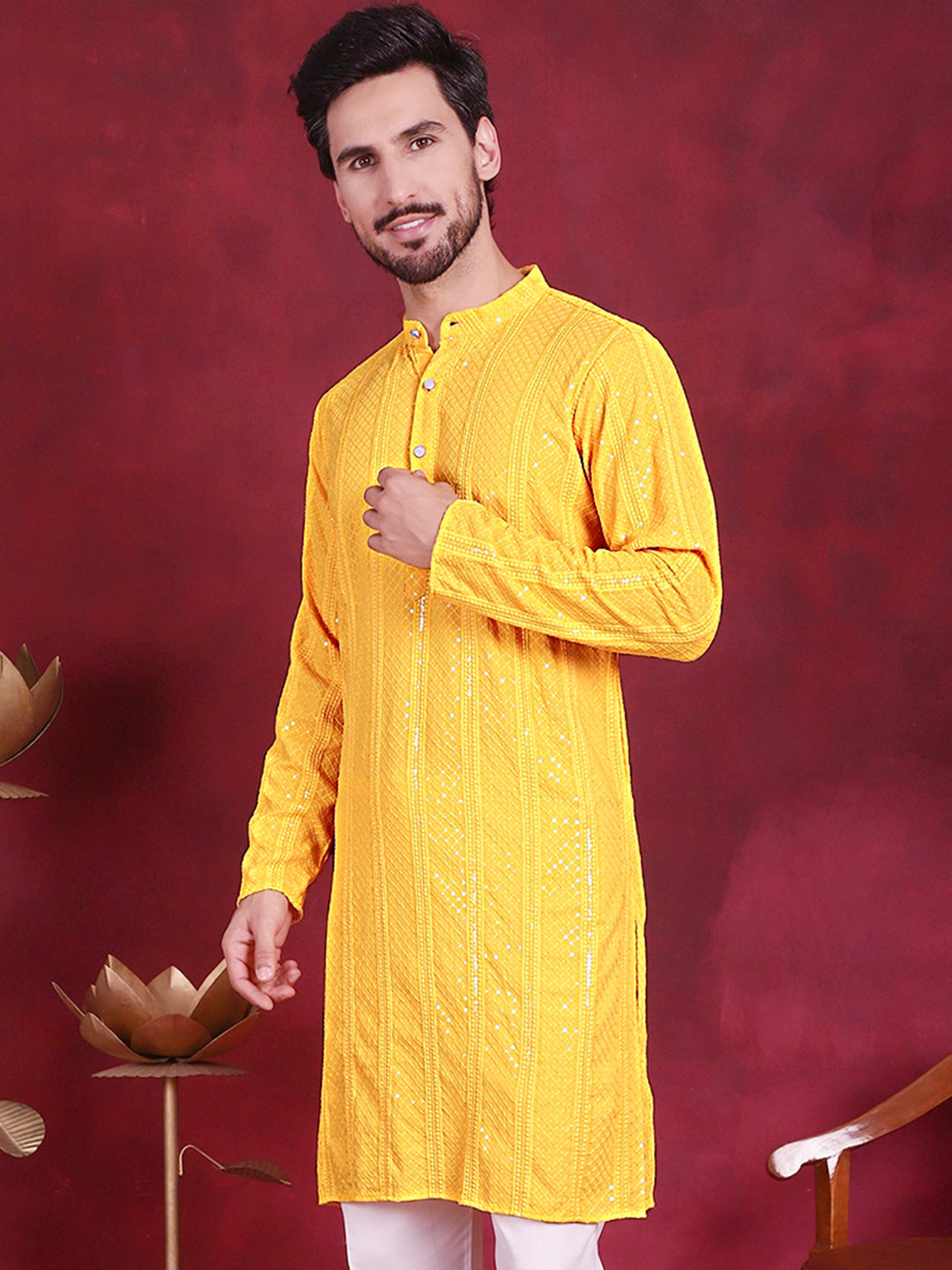 Jompers Men's Sequins Chikankari Embroidered Kurta - Yellow - Distacart