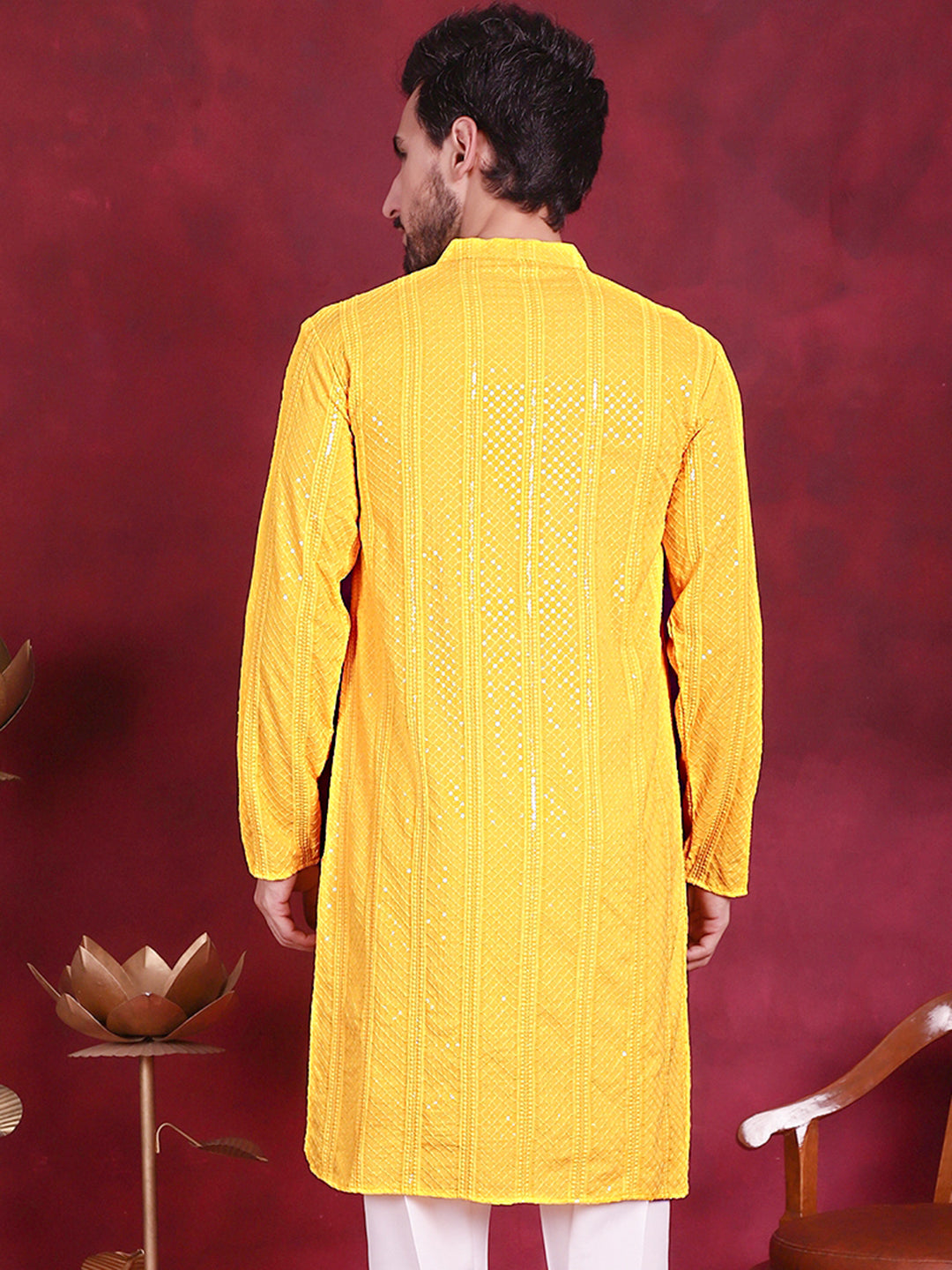 Jompers Men's Sequins Chikankari Embroidered Kurta - Yellow - Distacart