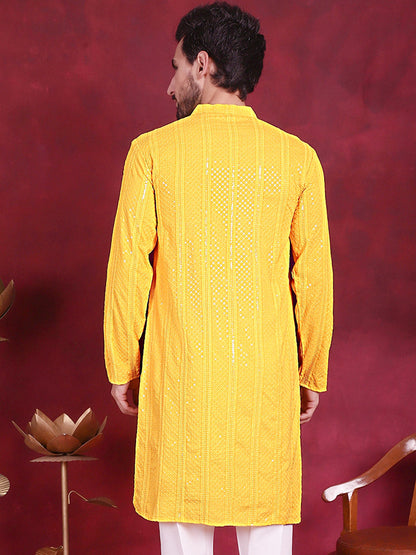Jompers Men's Sequins Chikankari Embroidered Kurta - Yellow - Distacart