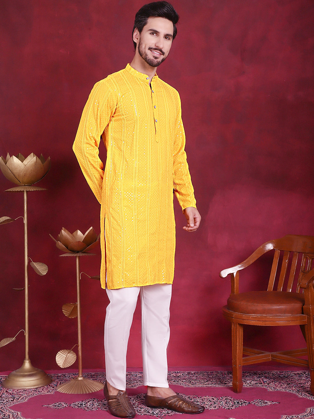 Jompers Men's Sequins Chikankari Embroidered Kurta - Yellow - Distacart