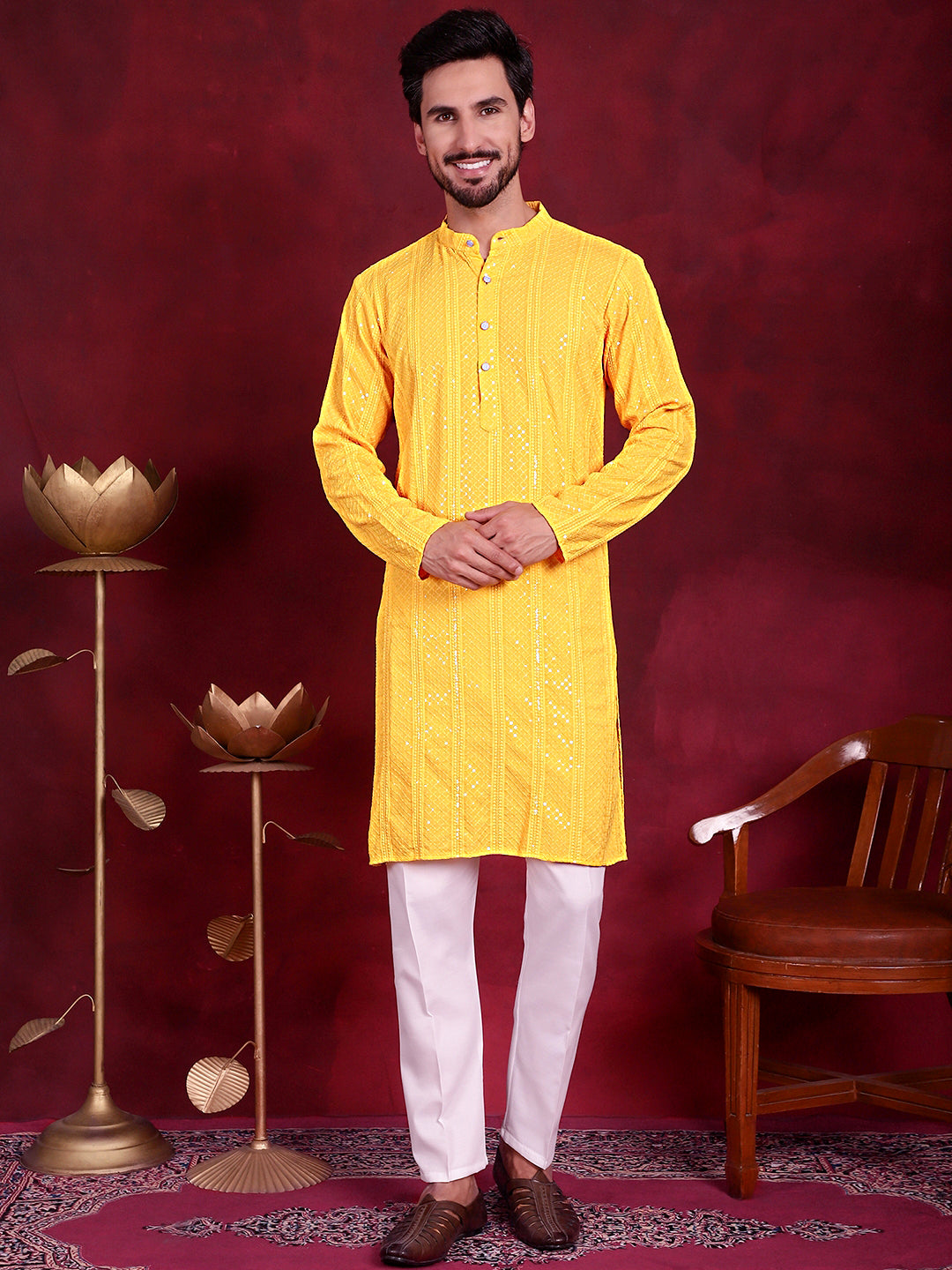 Jompers Men's Sequins Chikankari Embroidered Kurta - Yellow - Distacart