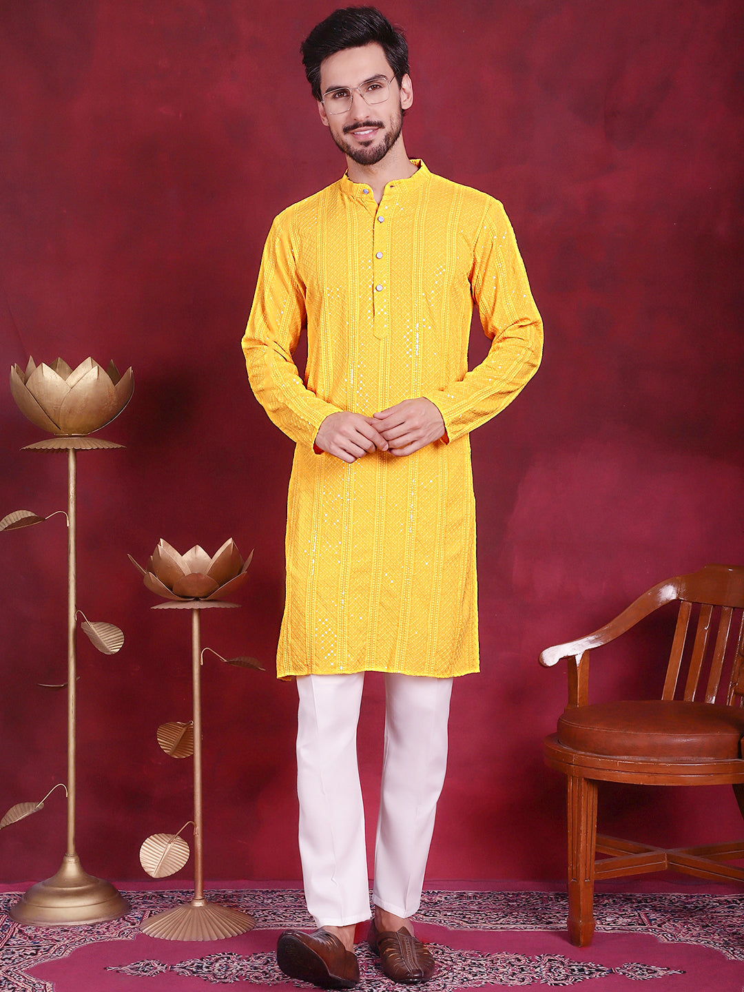 Jompers Men's Sequins Chikankari Embroidered Kurta - Yellow - Distacart