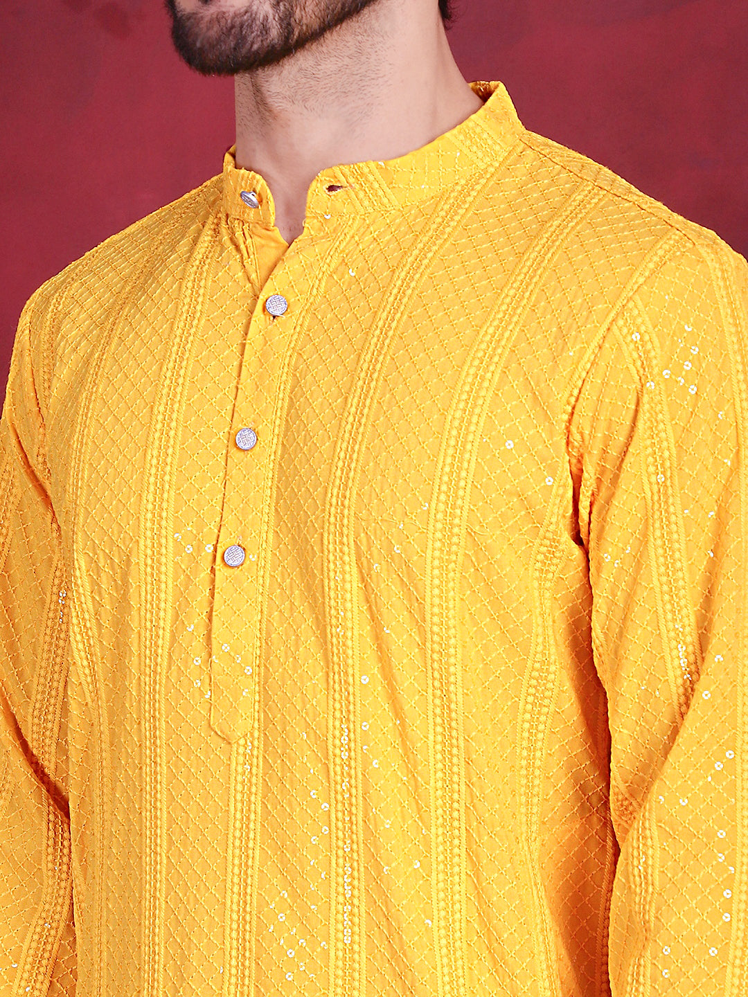 Jompers Men's Sequins Chikankari Embroidered Kurta - Yellow - Distacart