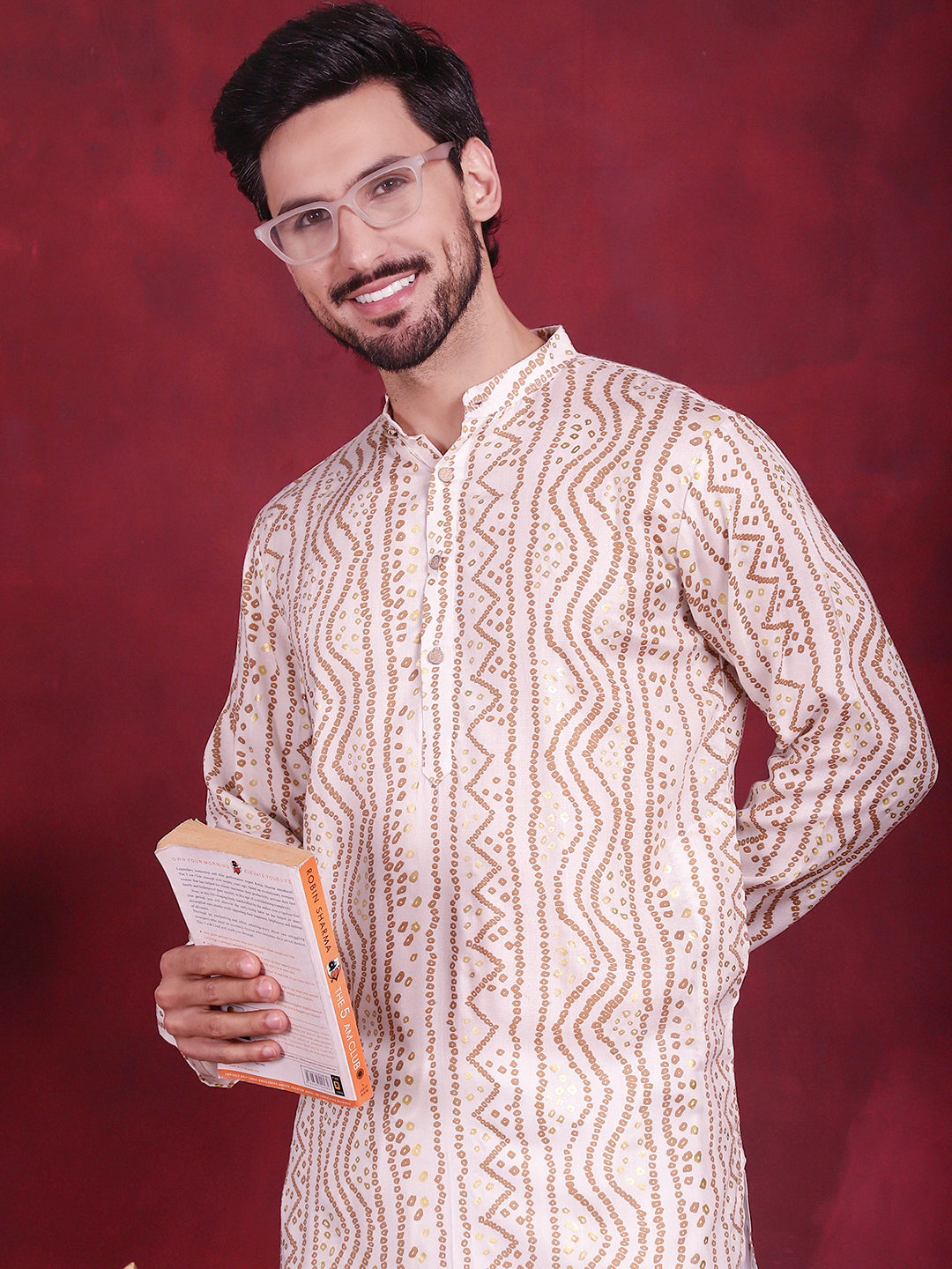 Jompers Men's Bandhani Printed Kurta - Cream - Distacart