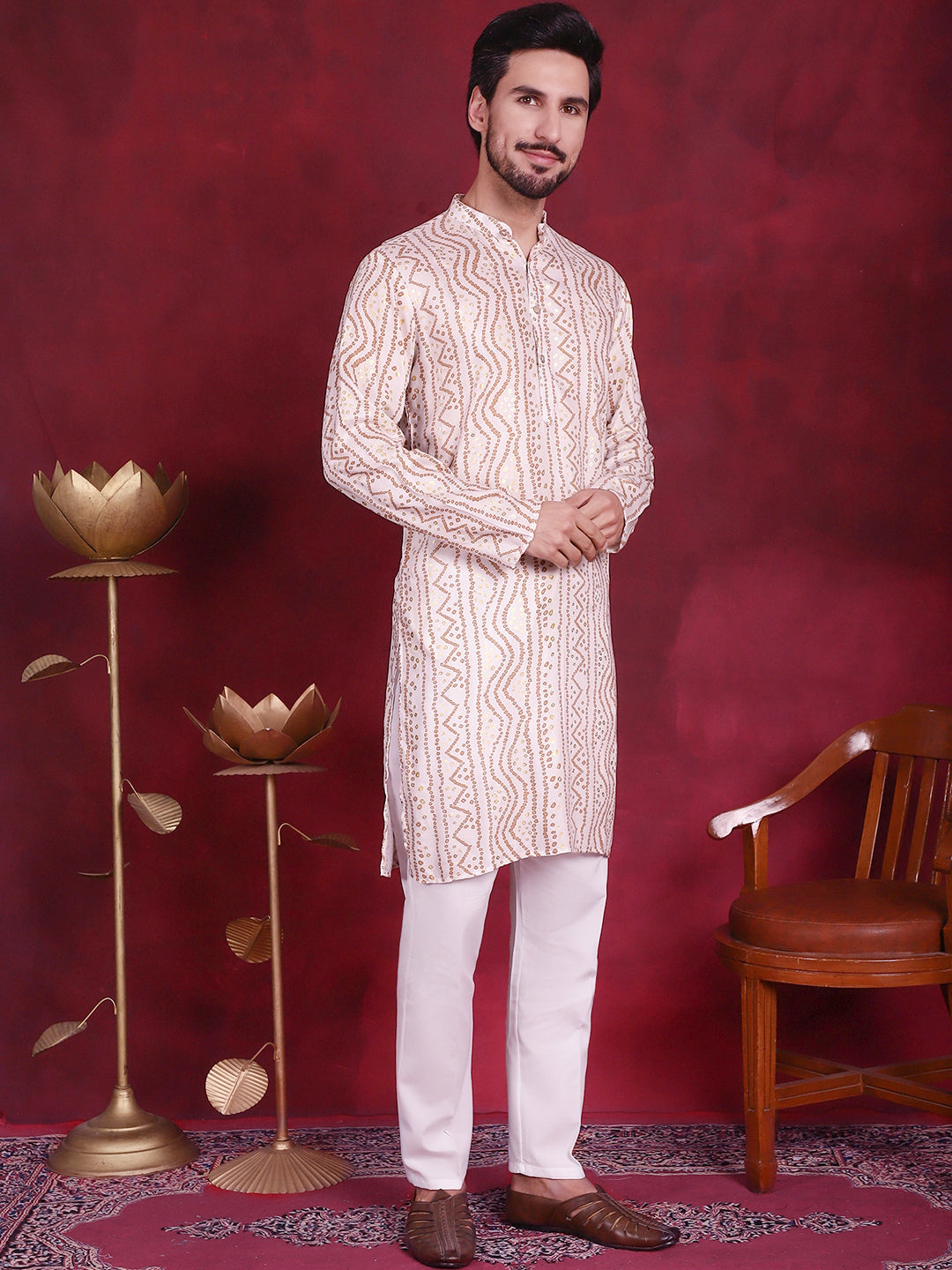 Jompers Men's Bandhani Printed Kurta - Cream - Distacart