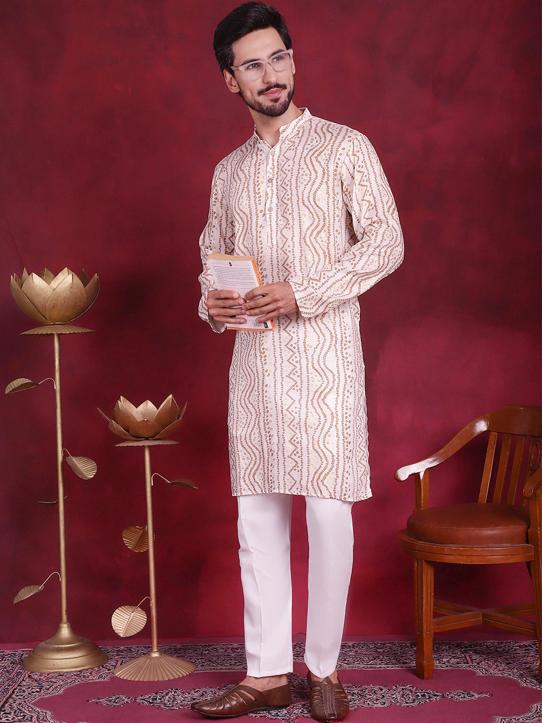 Jompers Men's Bandhani Printed Kurta - Cream - Distacart