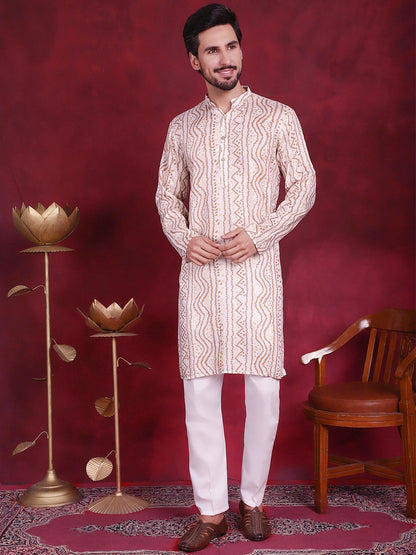 Jompers Men's Bandhani Printed Kurta - Cream - Distacart