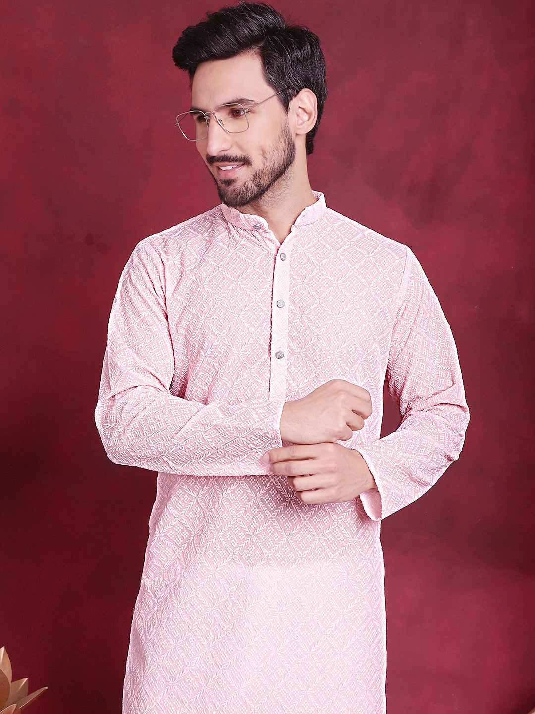 Jompers Men's Chikankari Embroidered Kurta - Pink - Distacart