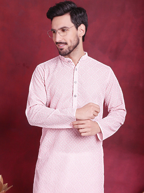 Jompers Men's Chikankari Embroidered Kurta - Pink - Distacart