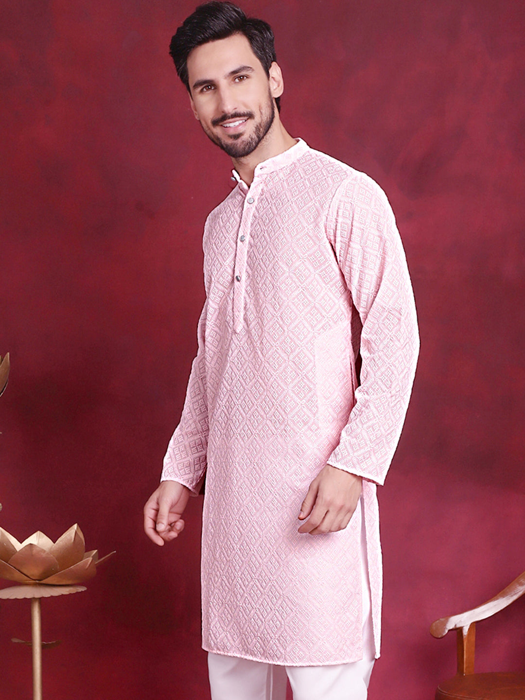 Jompers Men's Chikankari Embroidered Kurta - Pink - Distacart