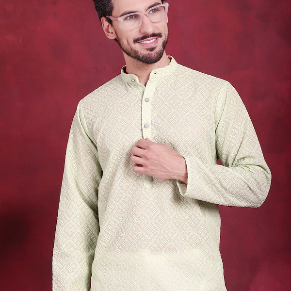 Jompers Men's Chikankari Embroidered Kurta - Pista - Distacart