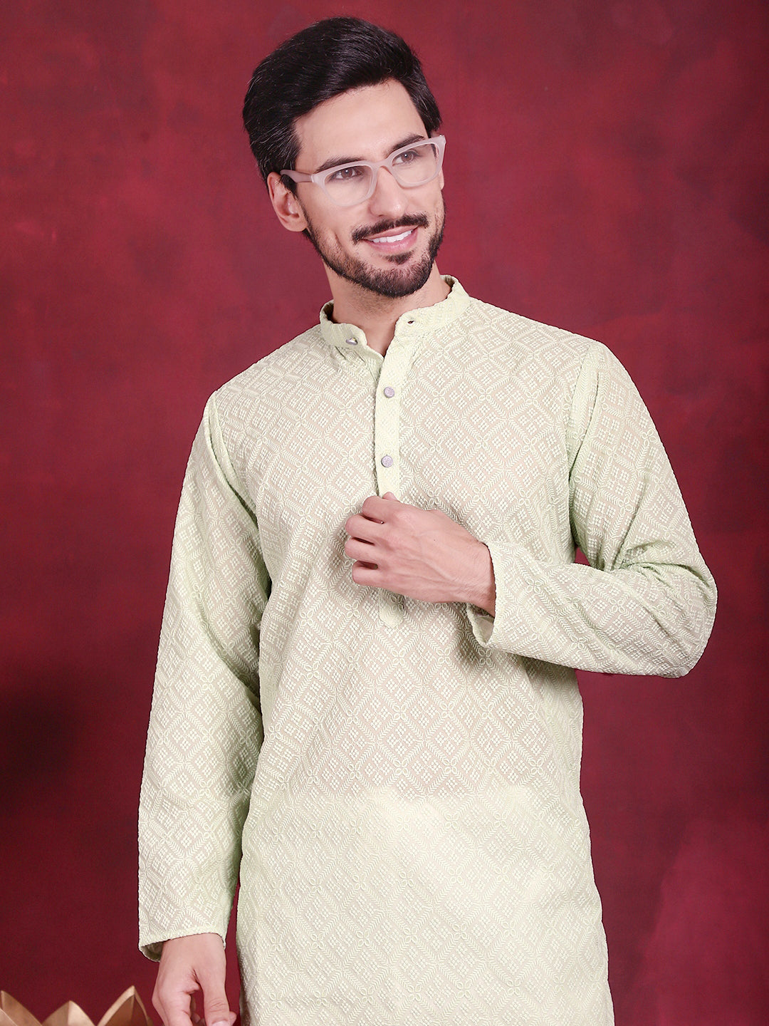 Jompers Men's Chikankari Embroidered Kurta - Pista - Distacart