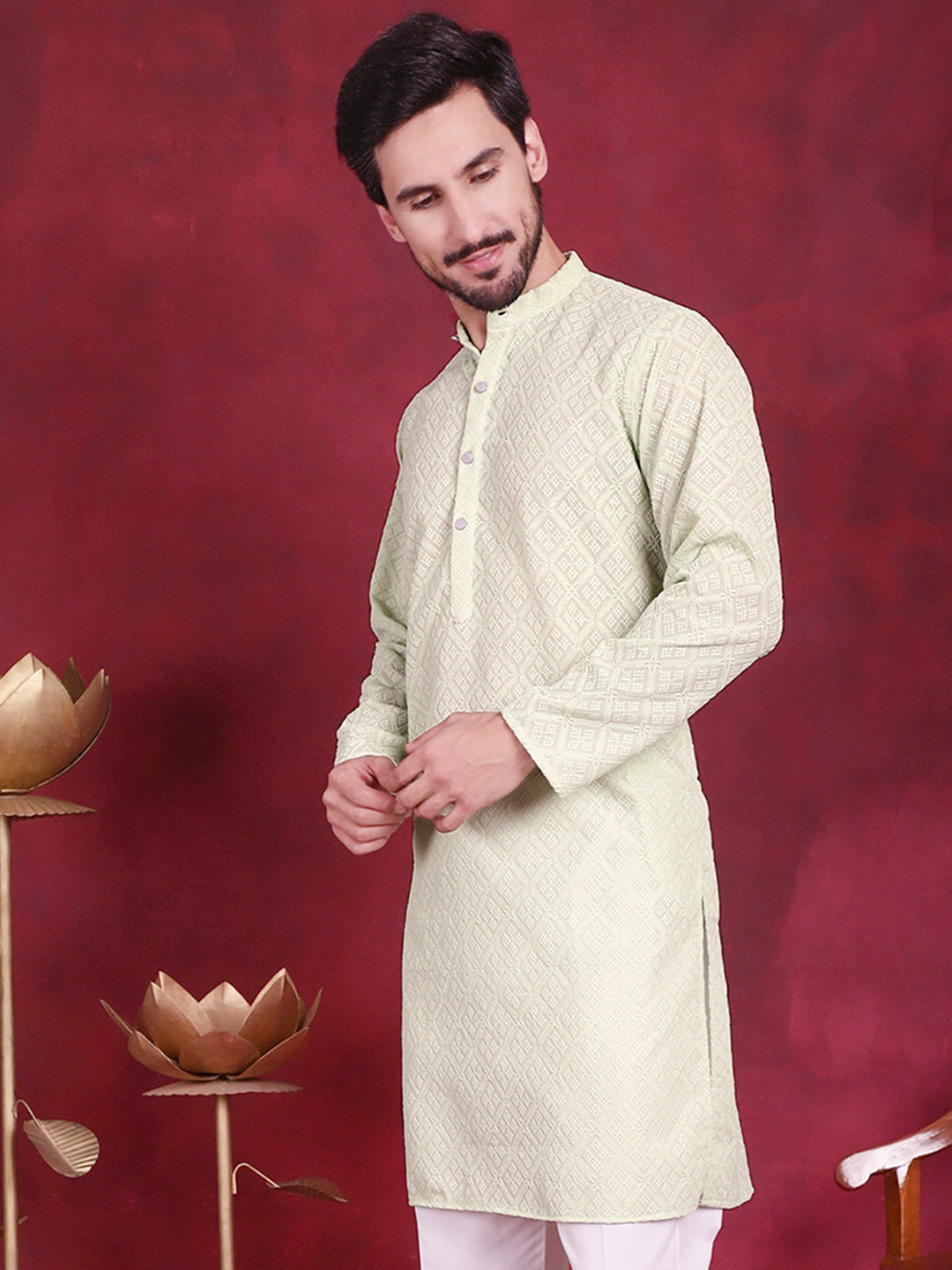 Jompers Men's Chikankari Embroidered Kurta - Pista - Distacart