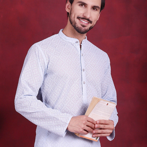 Jompers Men's Chikankari Embroidered Kurta - Sky Blue - Distacart