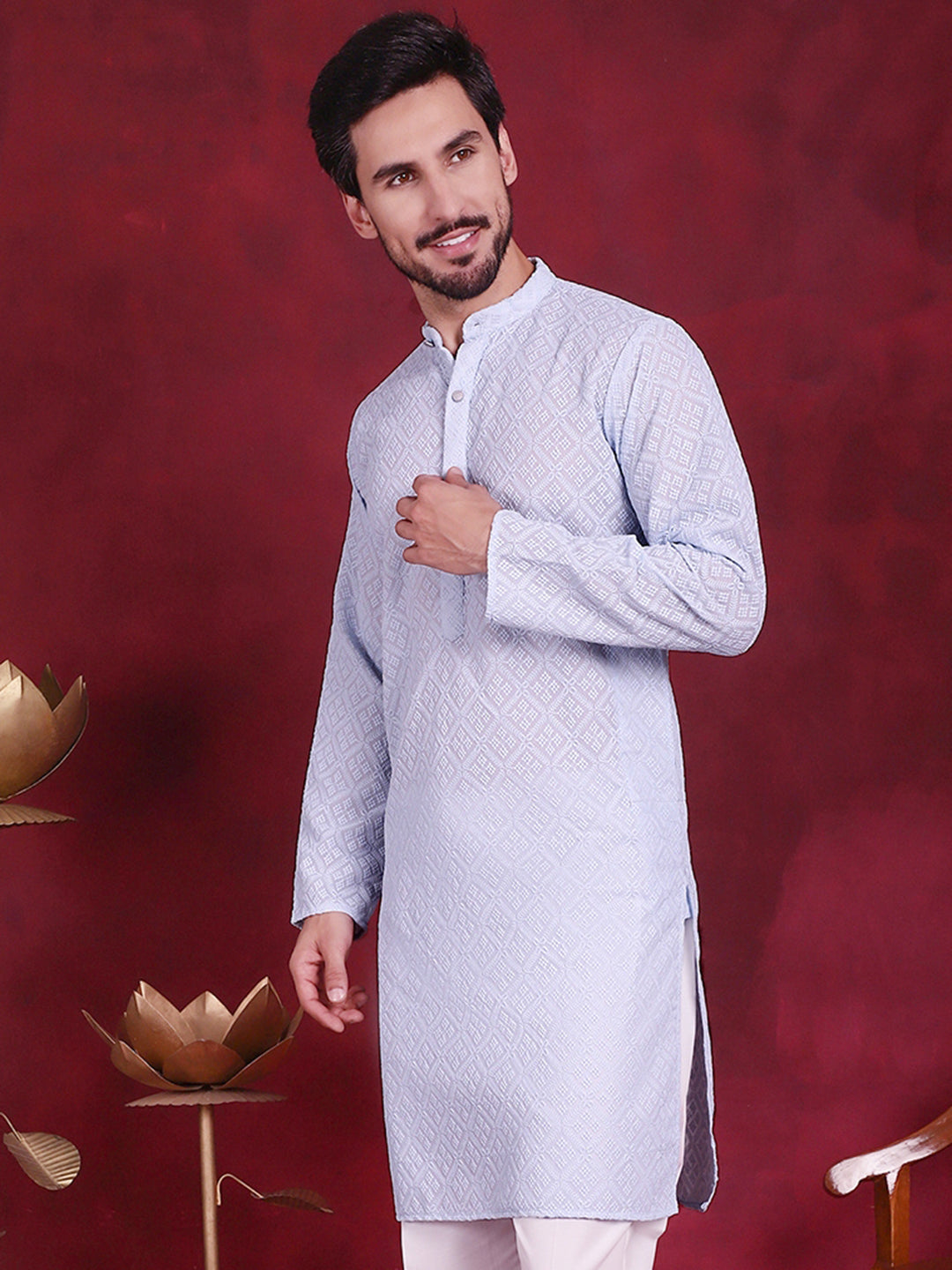 Jompers Men's Chikankari Embroidered Kurta - Sky Blue - Distacart