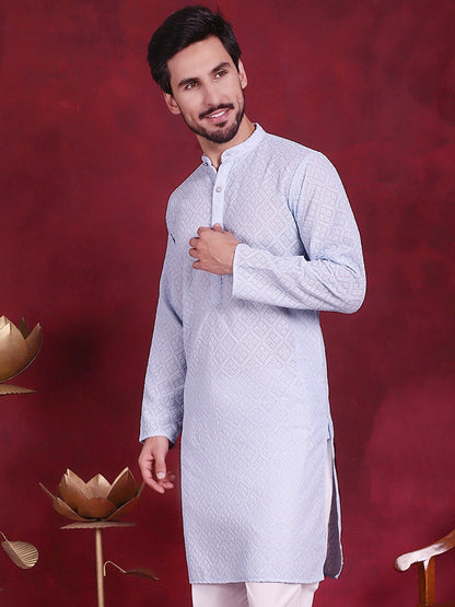 Jompers Men's Chikankari Embroidered Kurta - Sky Blue - Distacart
