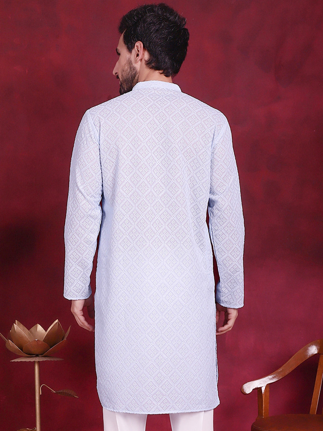 Jompers Men's Chikankari Embroidered Kurta - Sky Blue - Distacart