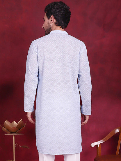 Jompers Men's Chikankari Embroidered Kurta - Sky Blue - Distacart