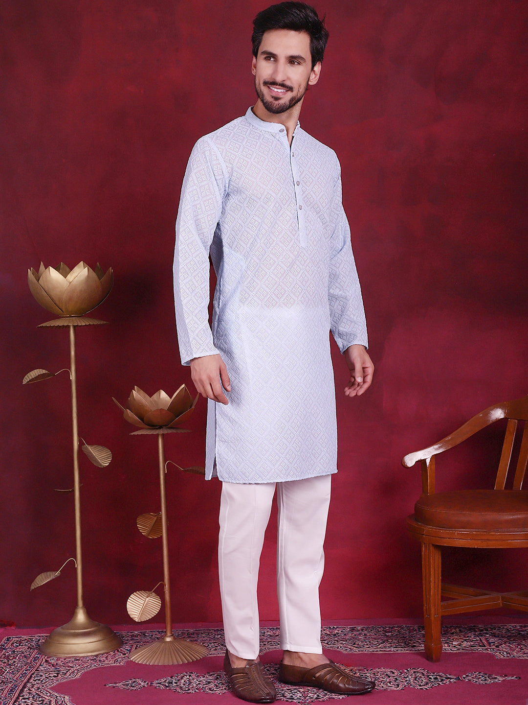 Jompers Men's Chikankari Embroidered Kurta - Sky Blue - Distacart