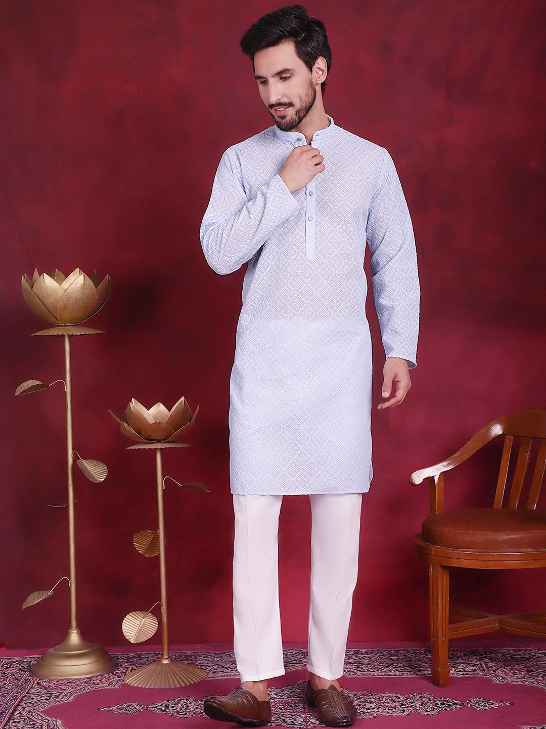Jompers Men's Chikankari Embroidered Kurta - Sky Blue - Distacart