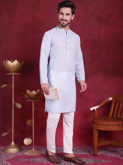 Jompers Men's Chikankari Embroidered Kurta - Sky Blue - Distacart