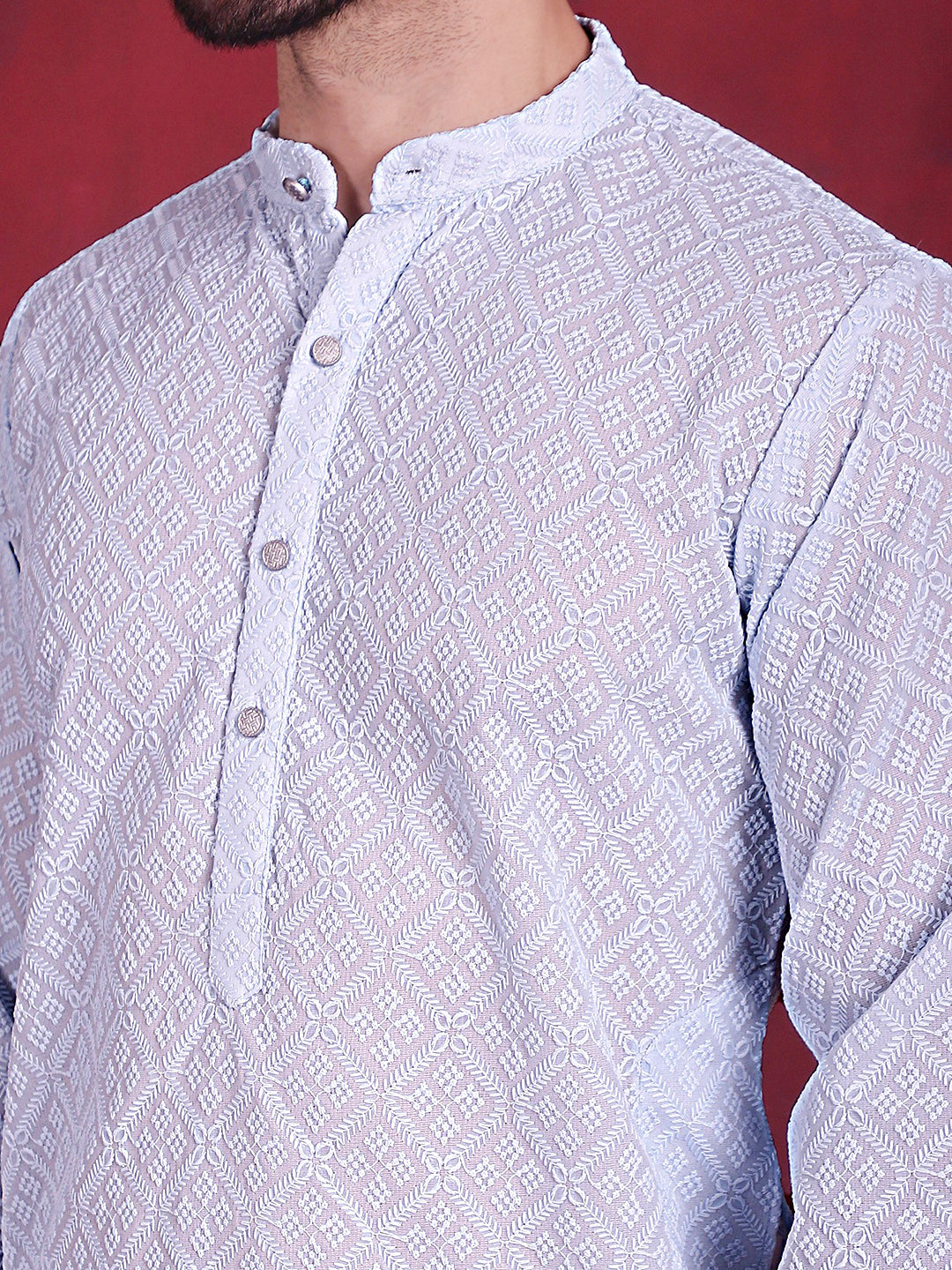 Jompers Men's Chikankari Embroidered Kurta - Sky Blue - Distacart