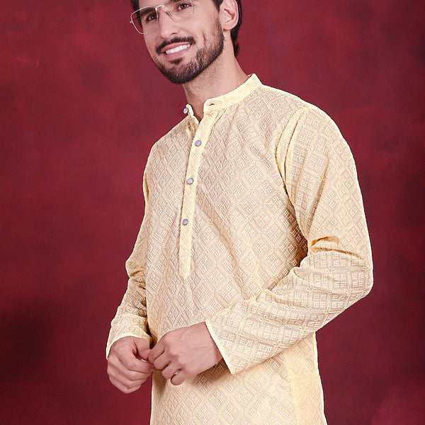 Jompers Men's Chikankari Embroidered Kurta - Yellow - Distacart