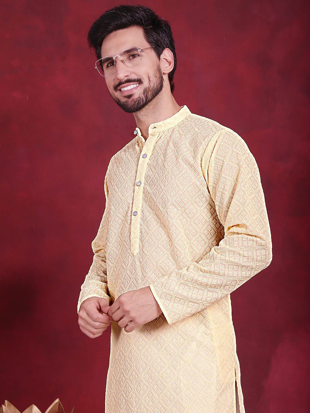 Jompers Men's Chikankari Embroidered Kurta - Yellow - Distacart