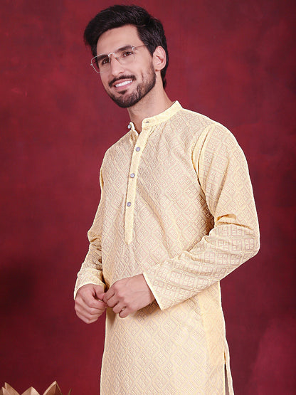 Jompers Men's Chikankari Embroidered Kurta - Yellow - Distacart