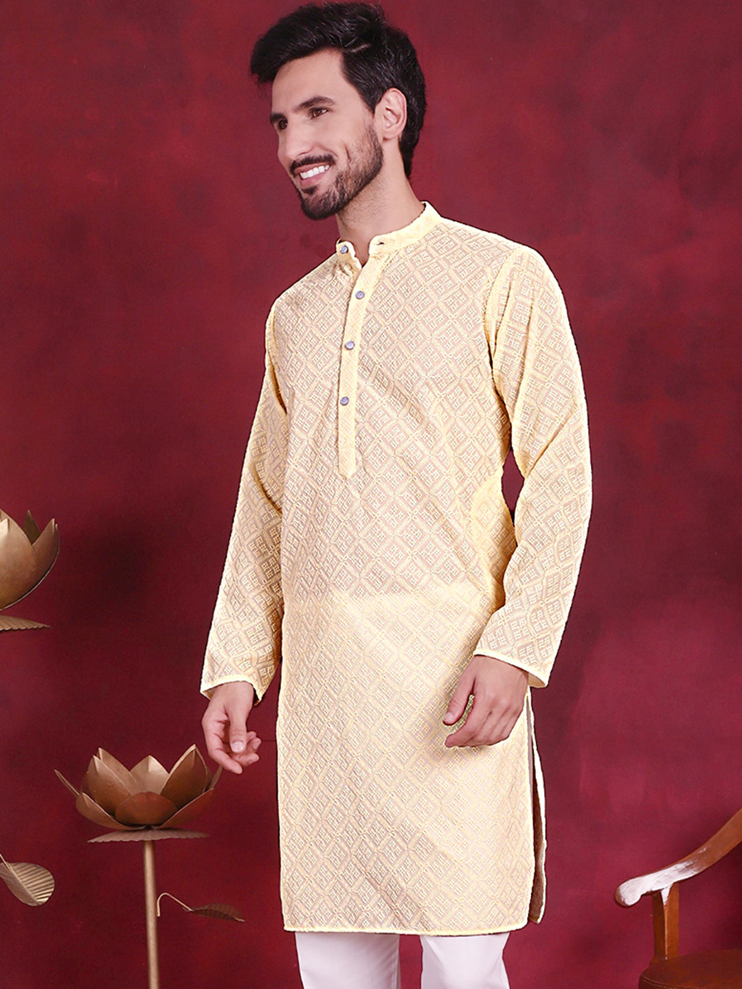 Jompers Men's Chikankari Embroidered Kurta - Yellow - Distacart