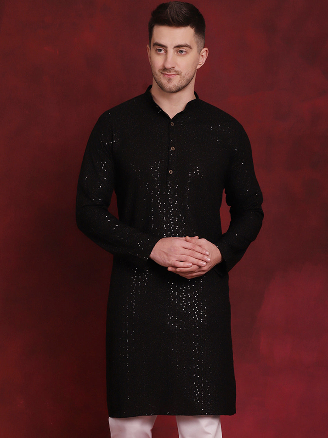 Jompers Men's Sequins Chikankari Kurta - Black - Distacart