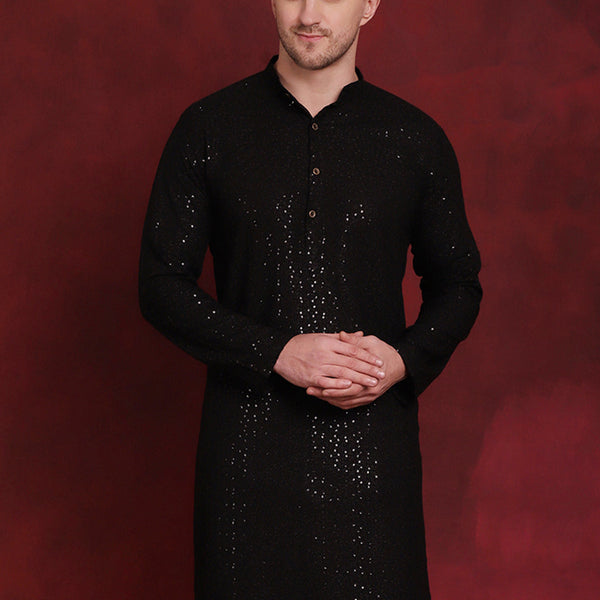 Jompers Men's Sequins Chikankari Kurta - Black - Distacart