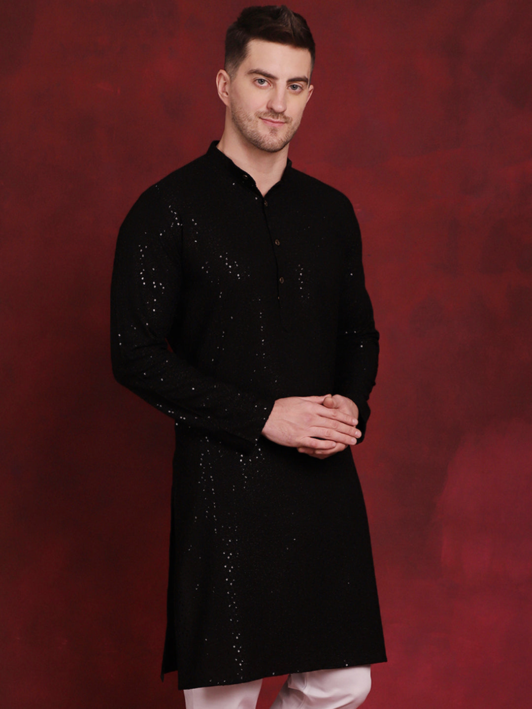 Jompers Men's Sequins Chikankari Kurta - Black - Distacart