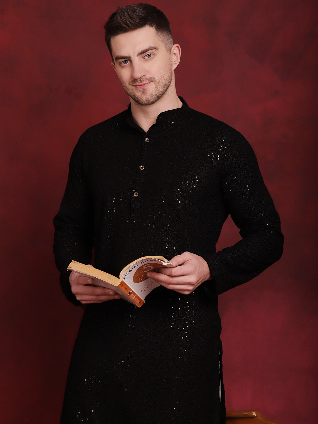 Jompers Men's Sequins Chikankari Kurta - Black - Distacart