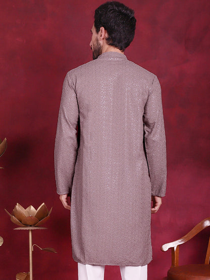 Jompers Men's Sequins Chikankari Kurta - Grey - Distacart