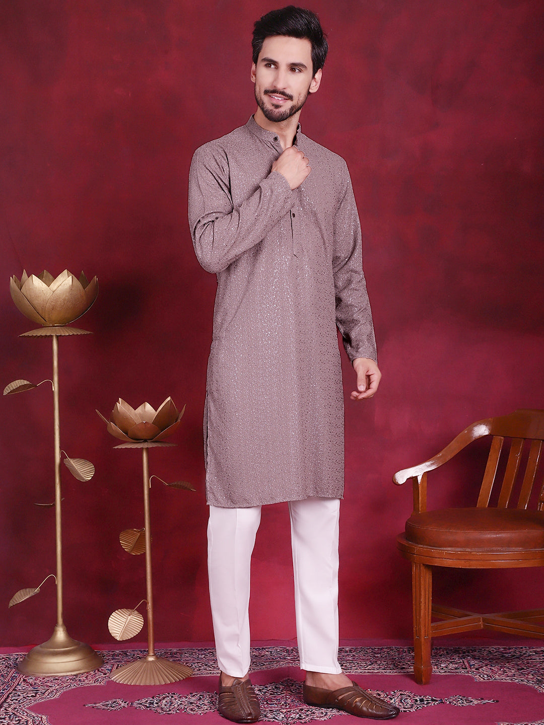 Jompers Men's Sequins Chikankari Kurta - Grey - Distacart