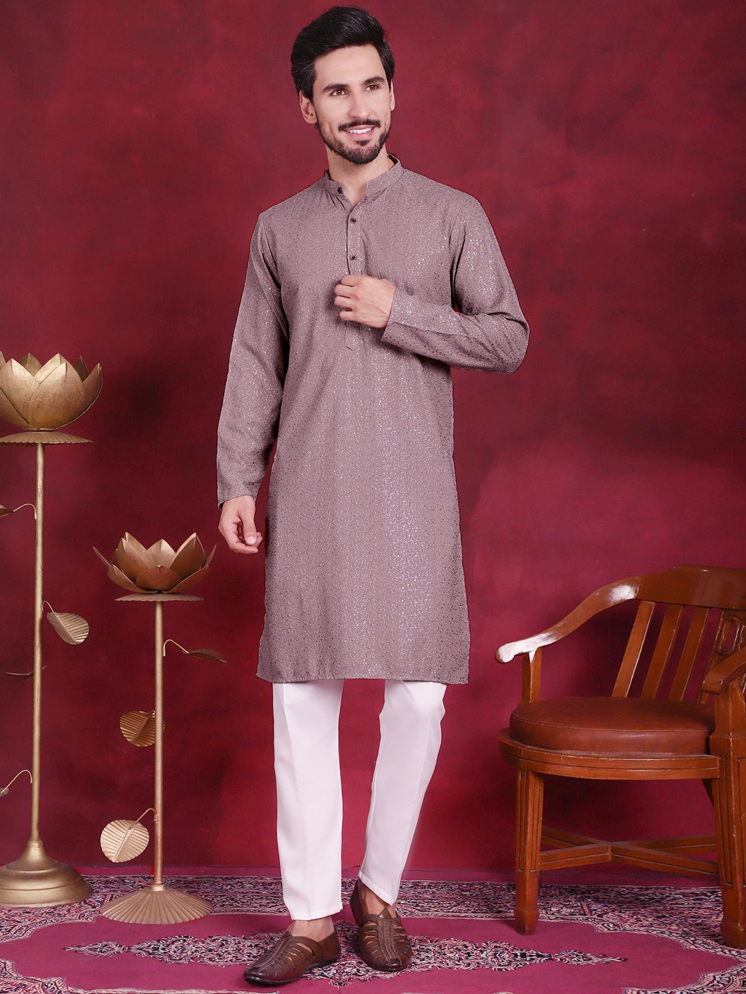 Jompers Men's Sequins Chikankari Kurta - Grey - Distacart