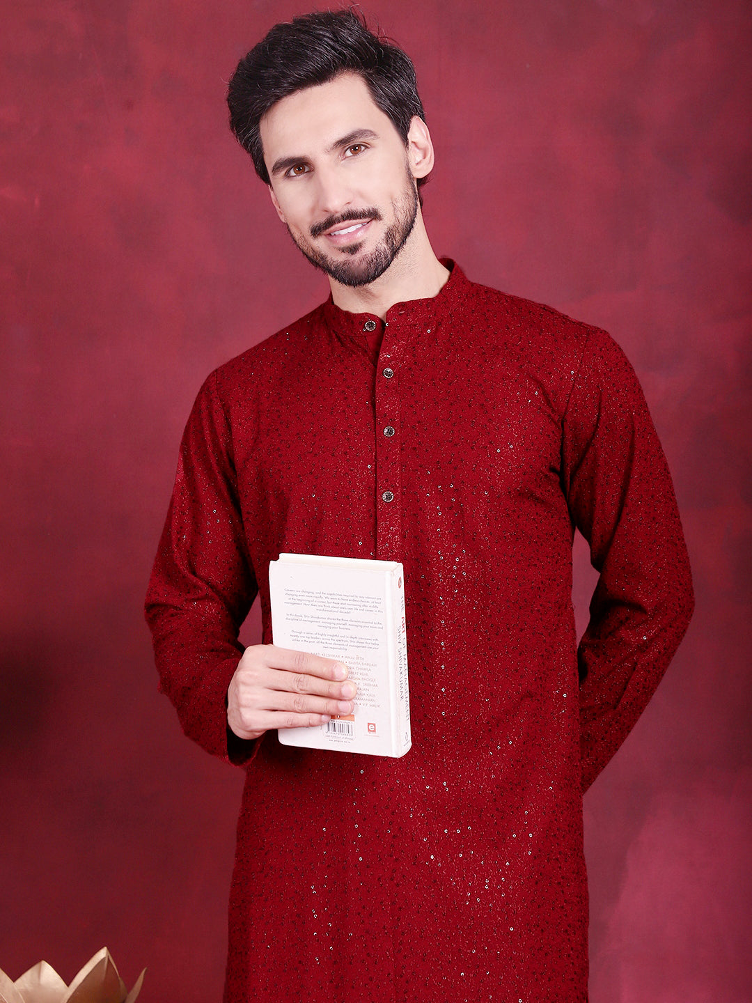 Jompers Men's Sequins Chikankari Kurta - Maroon - Distacart