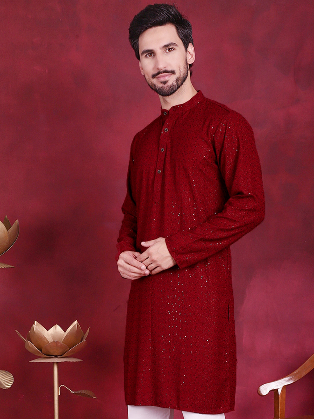 Jompers Men's Sequins Chikankari Kurta - Maroon - Distacart