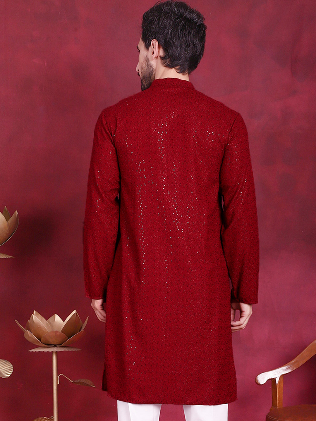 Jompers Men's Sequins Chikankari Kurta - Maroon - Distacart