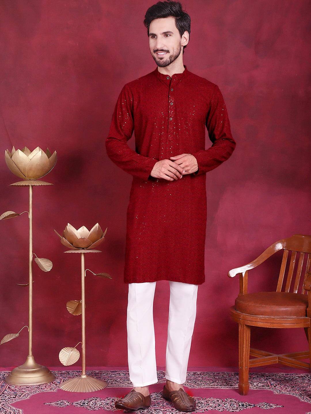 Jompers Men's Sequins Chikankari Kurta - Maroon - Distacart