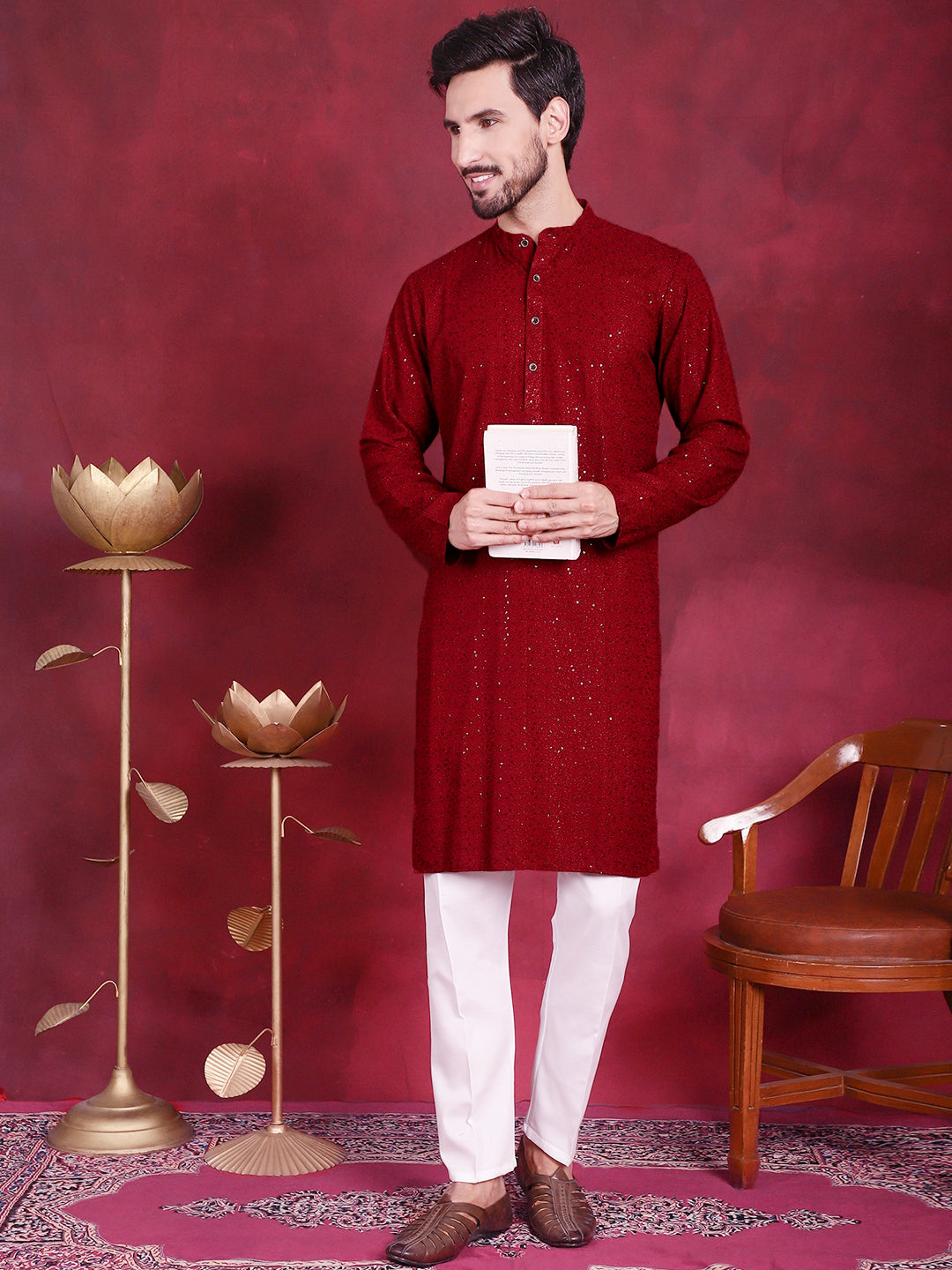 Jompers Men's Sequins Chikankari Kurta - Maroon - Distacart