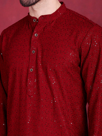 Jompers Men's Sequins Chikankari Kurta - Maroon - Distacart