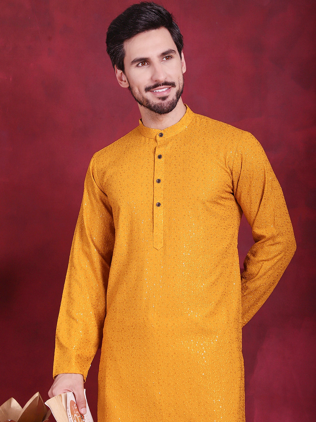 Jompers Men's Sequins Chikankari Kurta - Mustard - Distacart