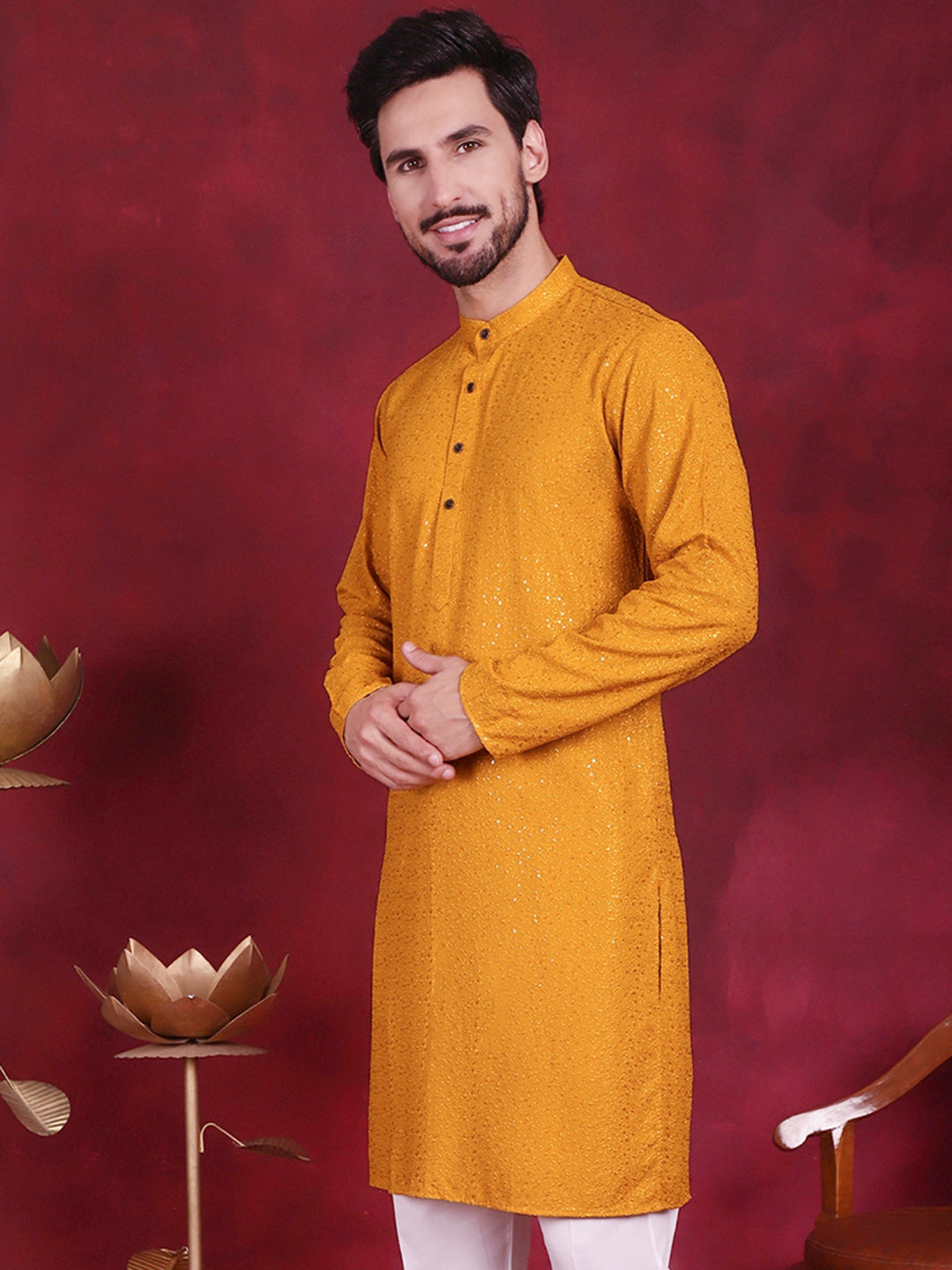 Jompers Men's Sequins Chikankari Kurta - Mustard - Distacart