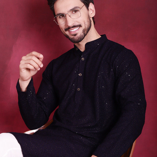 Jompers Men's Sequins Chikankari Kurta - Navy Blue - Distacart