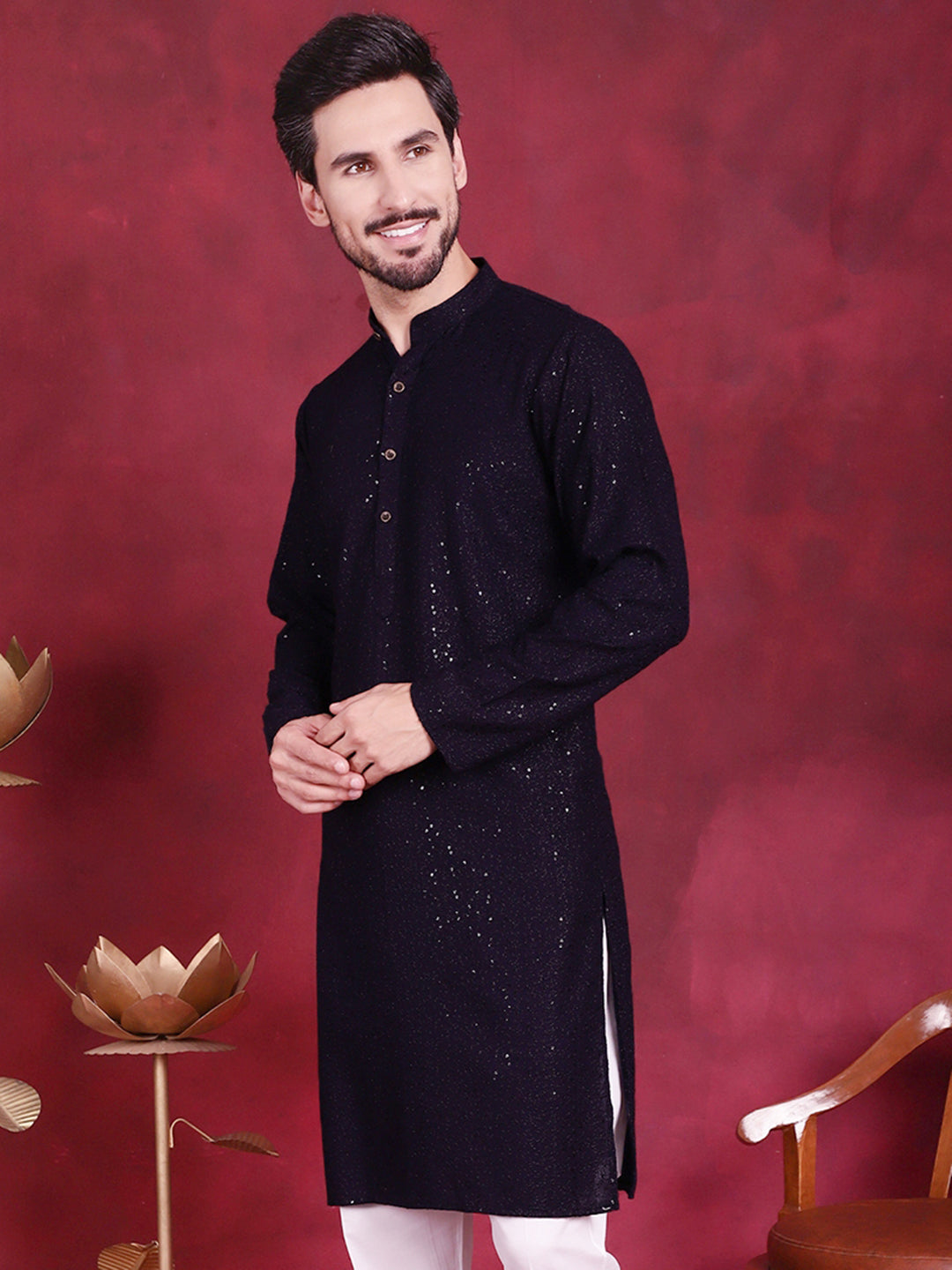 Jompers Men's Sequins Chikankari Kurta - Navy Blue - Distacart