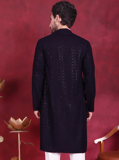 Jompers Men's Sequins Chikankari Kurta - Navy Blue - Distacart