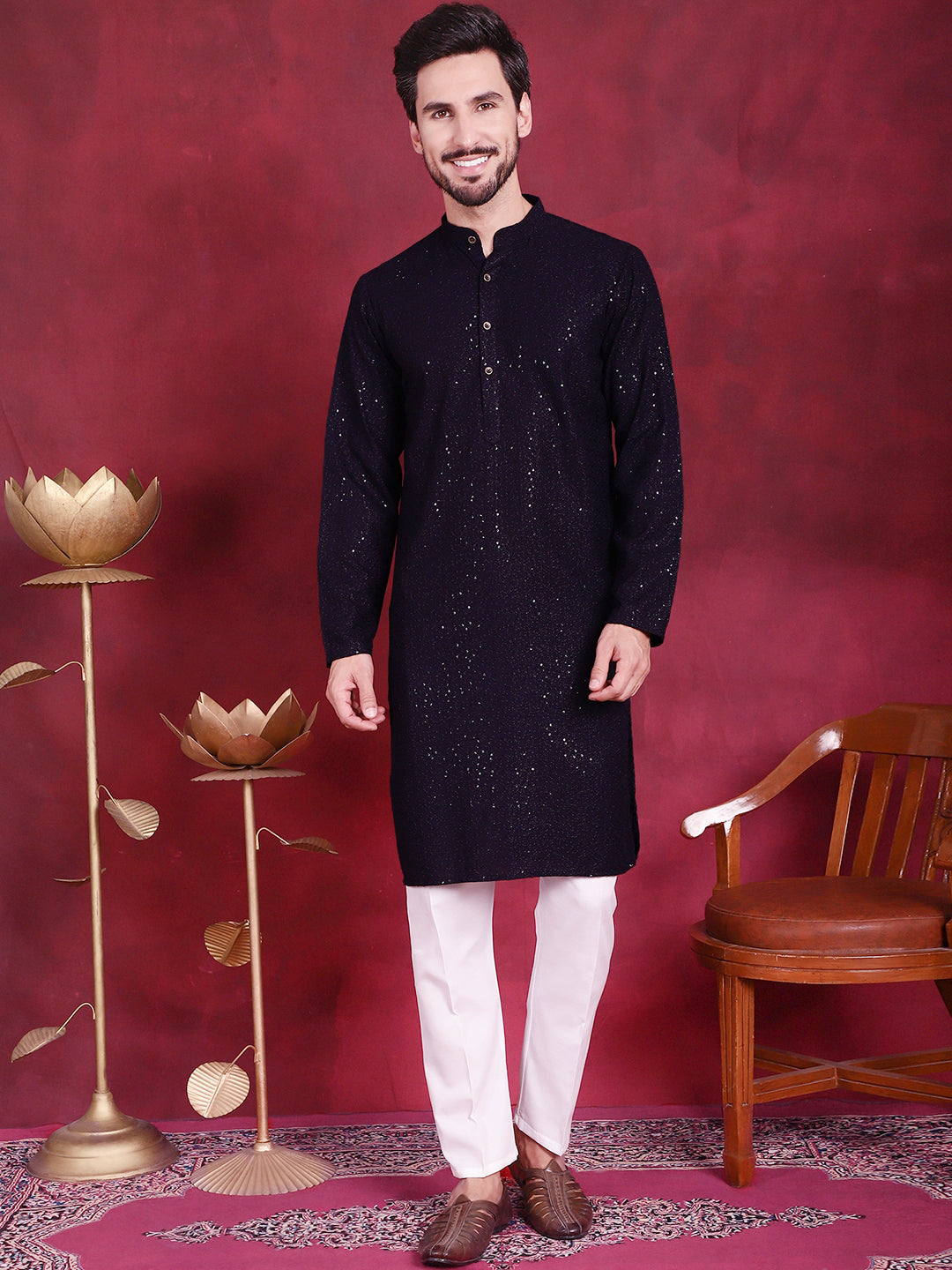 Jompers Men's Sequins Chikankari Kurta - Navy Blue - Distacart