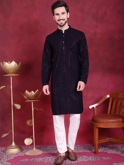 Jompers Men's Sequins Chikankari Kurta - Navy Blue - Distacart